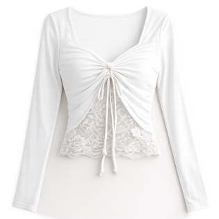 Women's V-Neck Lace Patchwork Long Sleeve Fitted Top with Tie Front